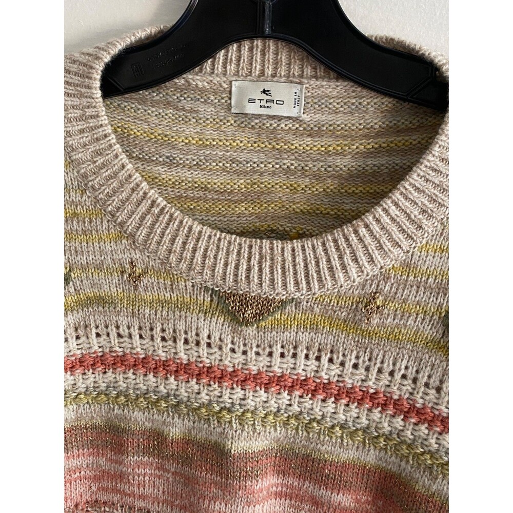 Etro Milano Textured Knit Sweater Gold Diamond Stripe Crew Boho Cottagecore Sz42 - Picture 2 of 12